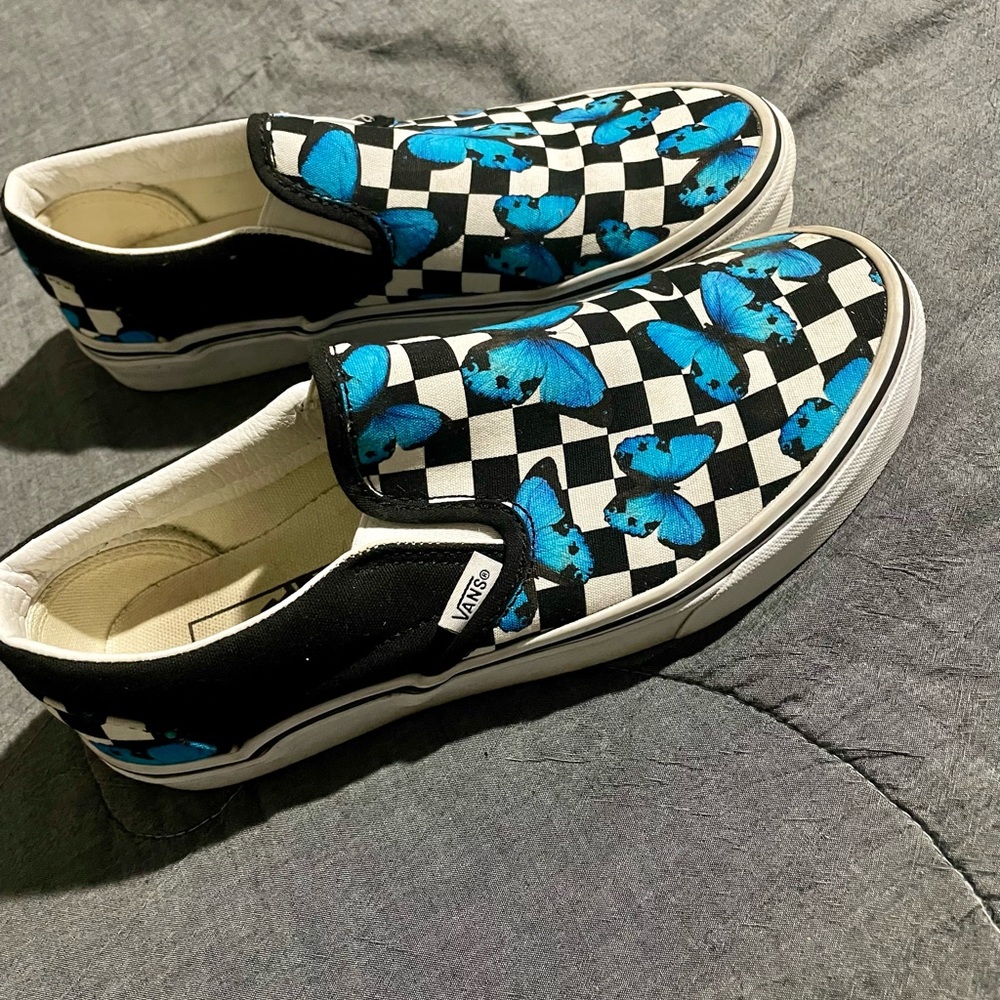 Vans women’s Slip-On Sneakers - Black and Blue Butterfly Checkered